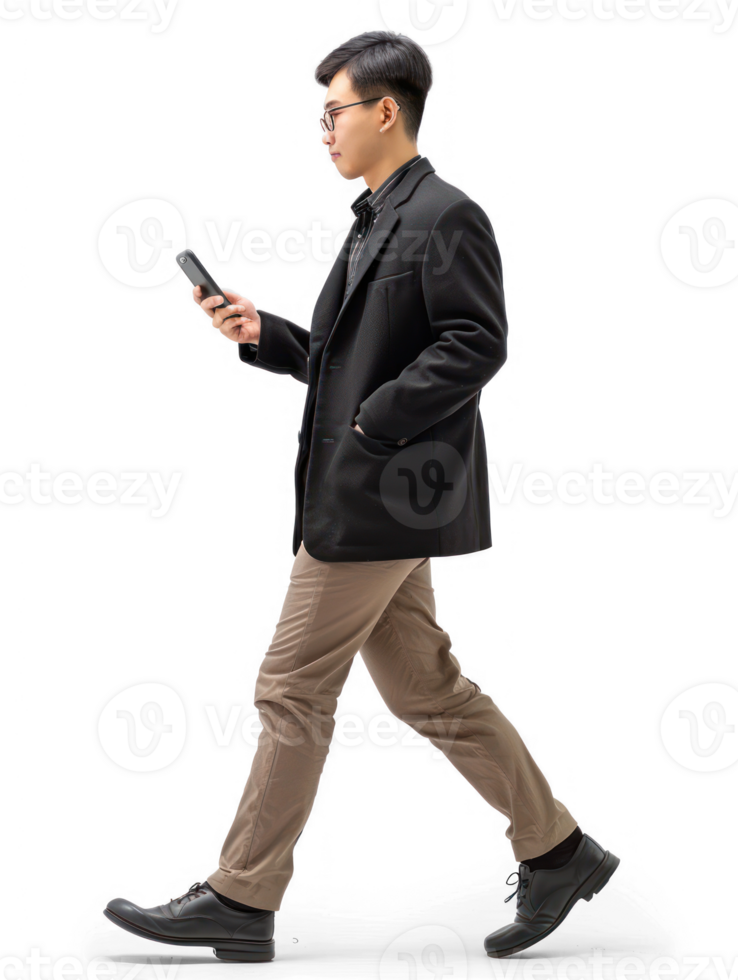 businessman using smartphone while walking, side view full body isolate on transparency background png