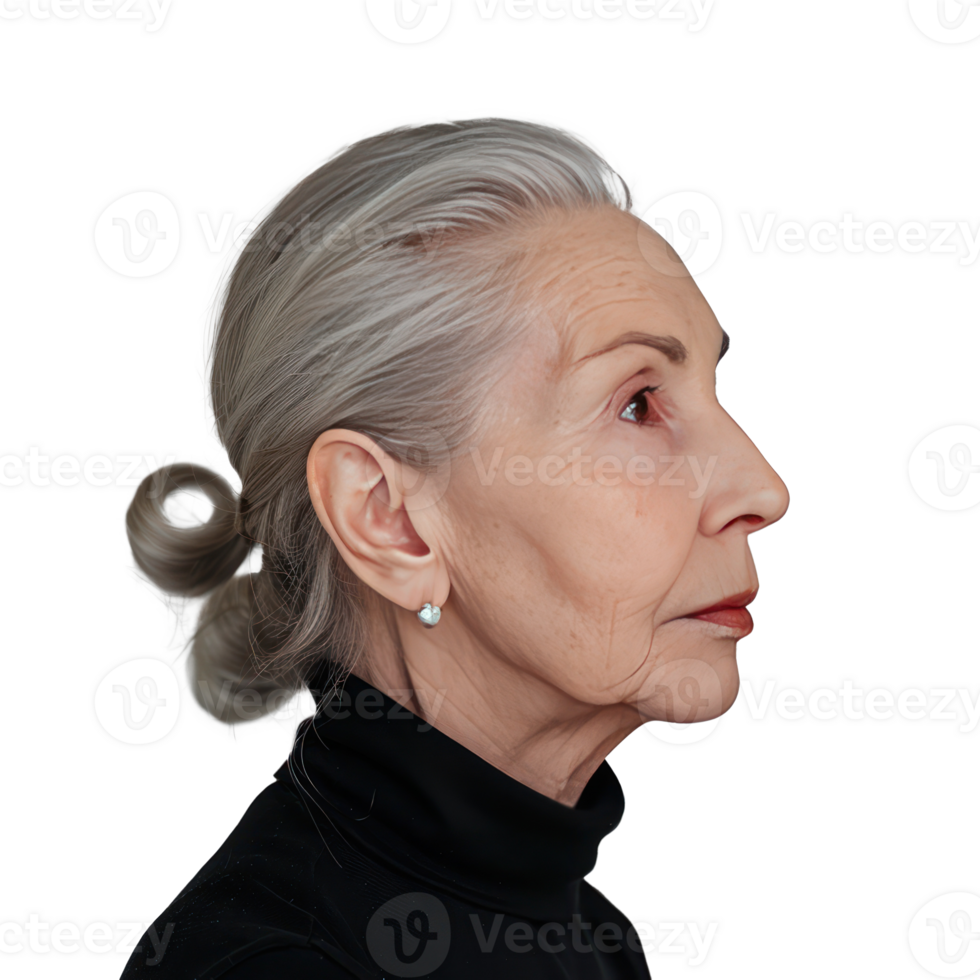 Portrait of beautiful senior woman with clean glowing face skin side view isolate on transparency background png