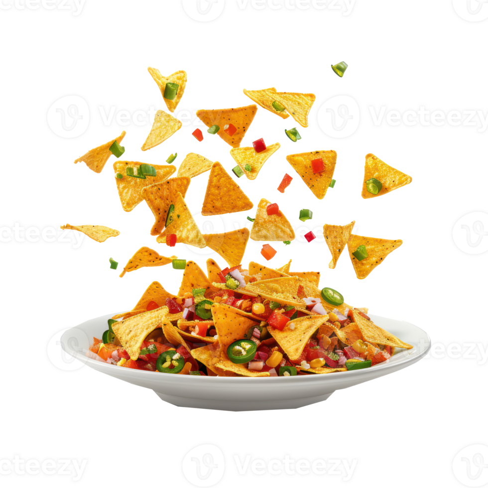 floated Nachos food falling into a plate isolate on transparency background png