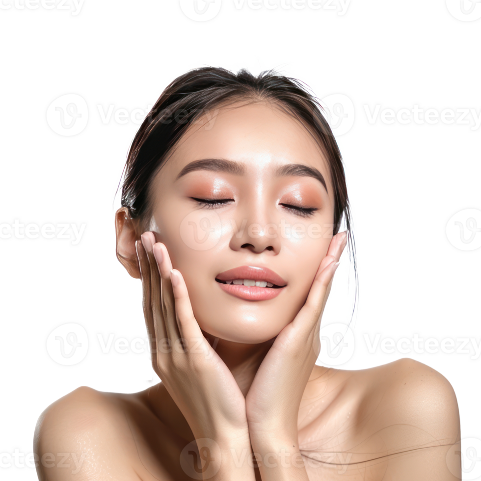 Beautiful woman body and face care with hand geture isolate on transparency background png