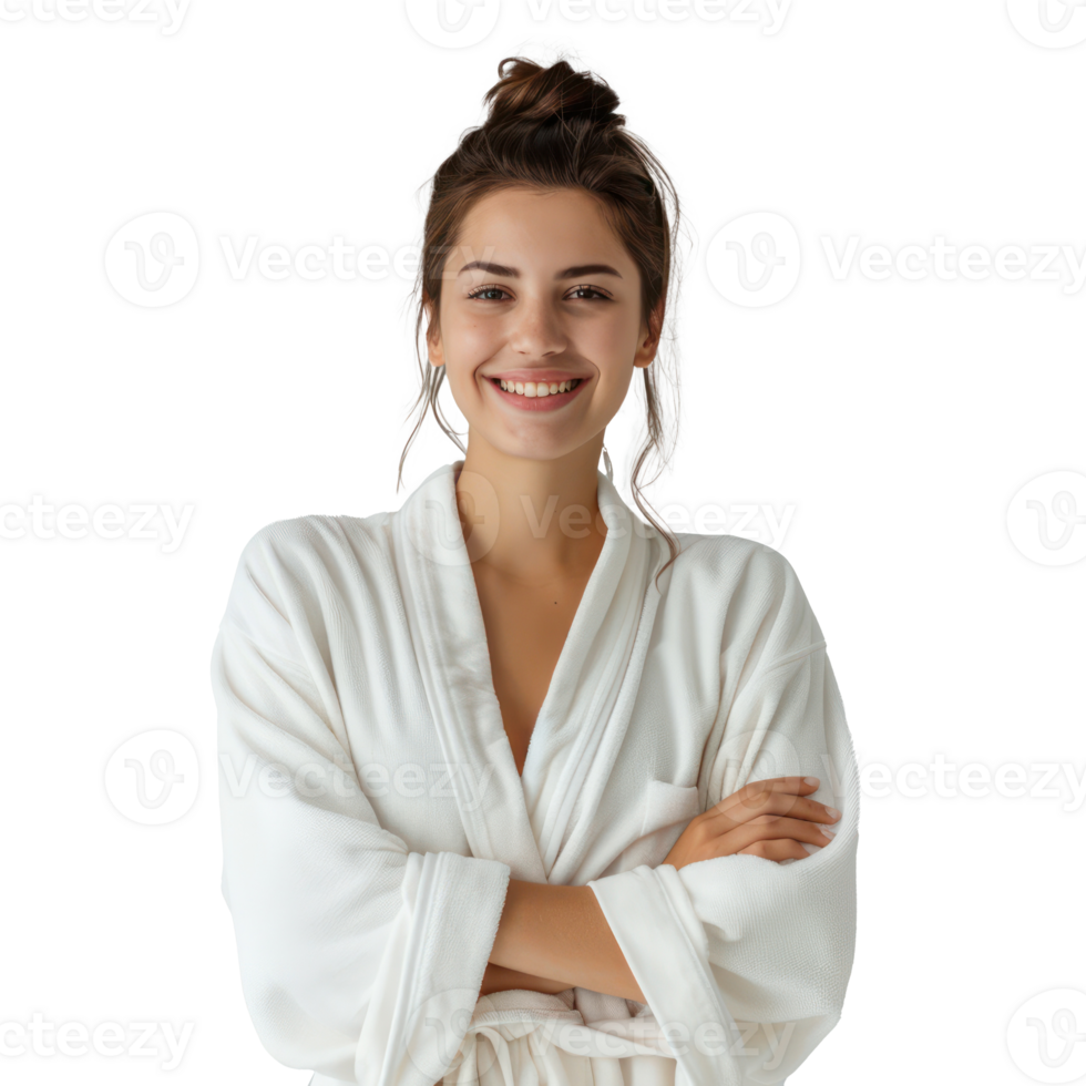 Smiling young woman wearing bathrobe standing isolate on transparency background png