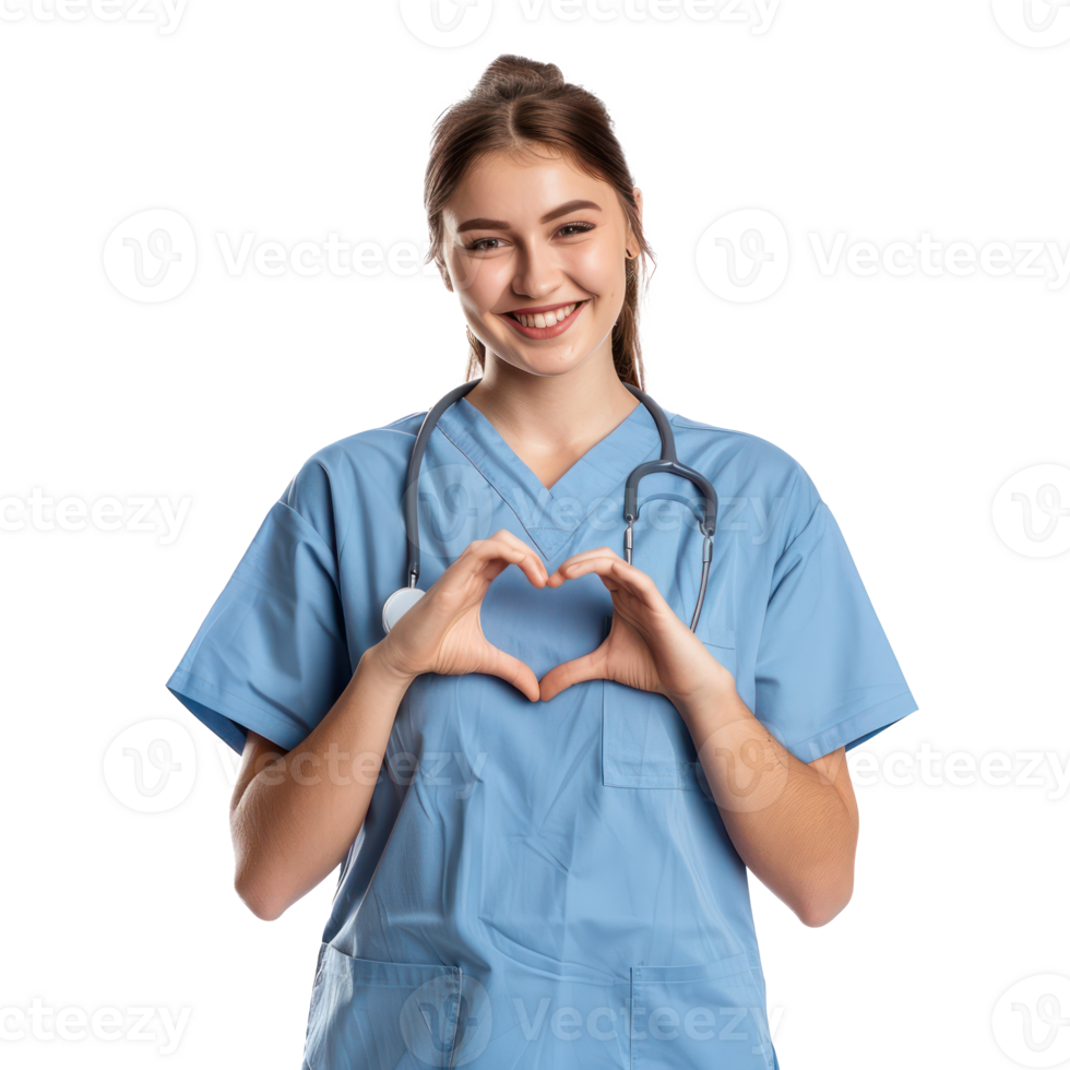 Smiling young female nurse making heart geture with hand, standing isolate on transparency background png