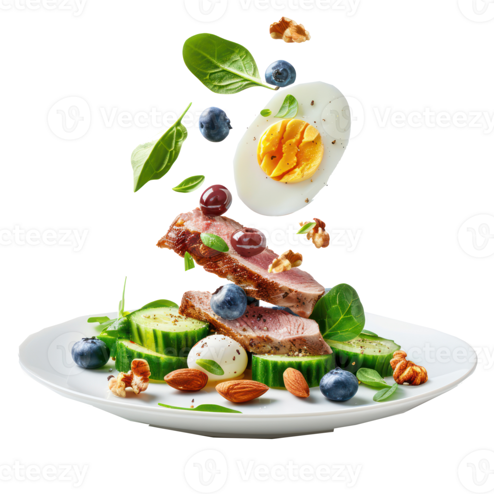 floated Boiled egg, pork steak and olives, cucumber, spinach, brie cheese, nuts and blueberry falling into a plate isolate on transparency background png