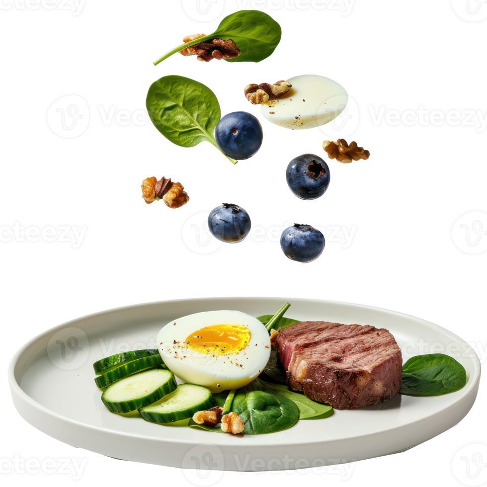 floated Boiled egg, pork steak and olives, cucumber, spinach, brie cheese, nuts and blueberry falling into a plate isolate on transparency background png