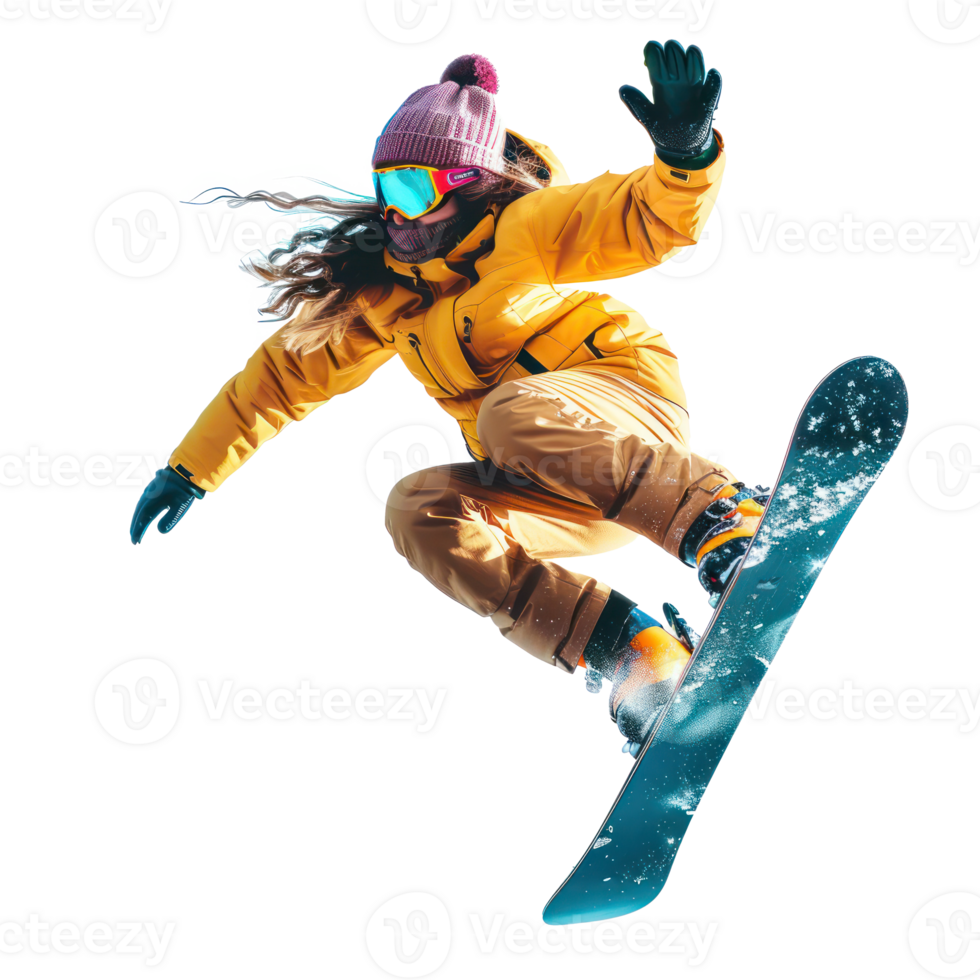 Floating Snowboarding girl isolate on transparency background png