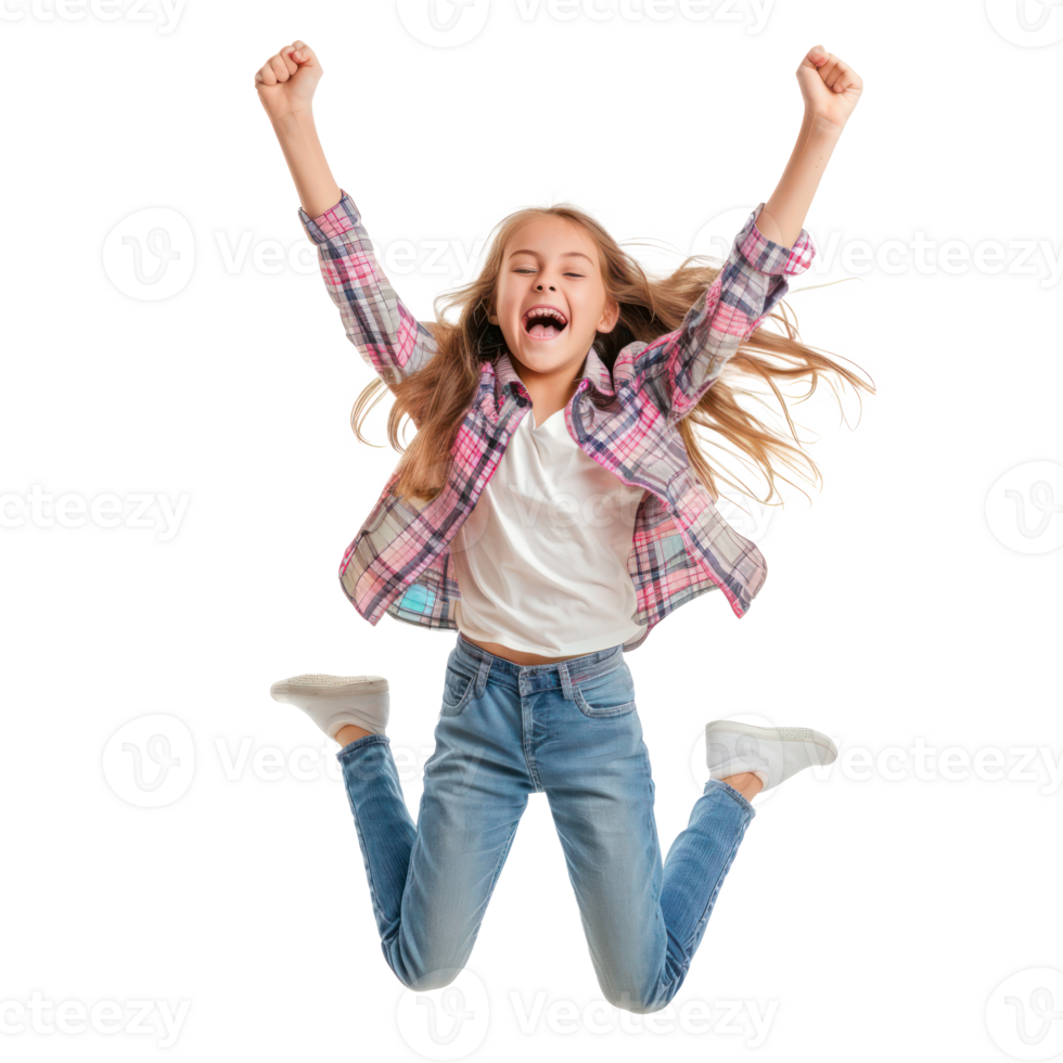 Floated overjoyed teen girl jumping and gesturing happiness isolate on transparency background png