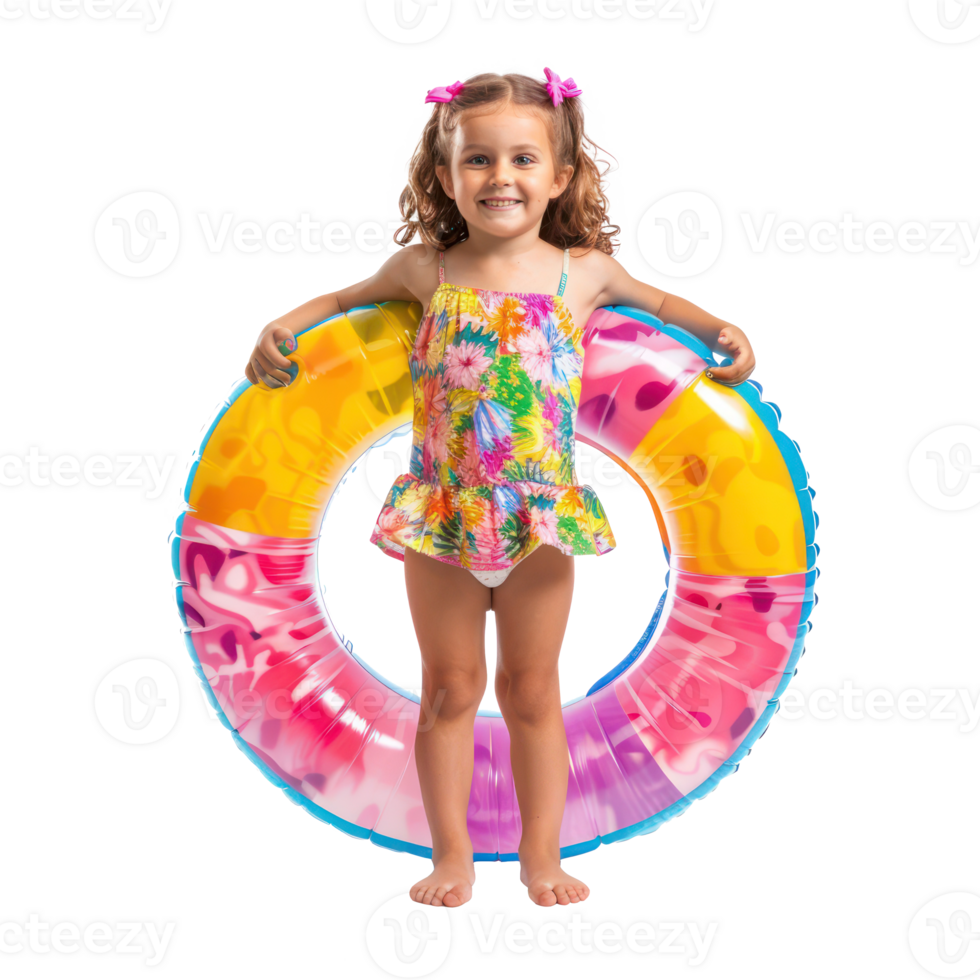 Happy little girl wearing summer clothes with inflatable swimming circle front view full length isolate on transparency background png