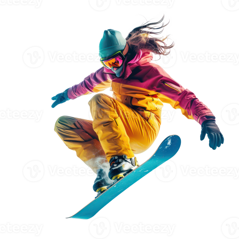 Floating Snowboarding girl isolate on transparency background png