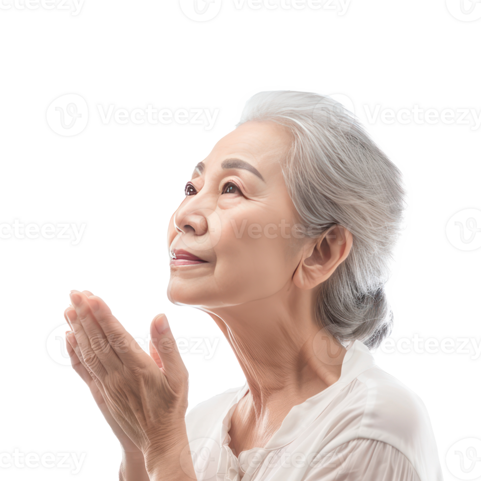 Portrait of facial senior model with hand gesture, face care concept side view isolate on transparency background png