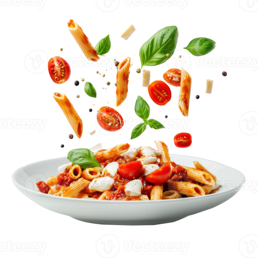 floated Pasta penne with roasted tomato, sauce, mozzarella cheese falling into a plate isolate on transparency background png