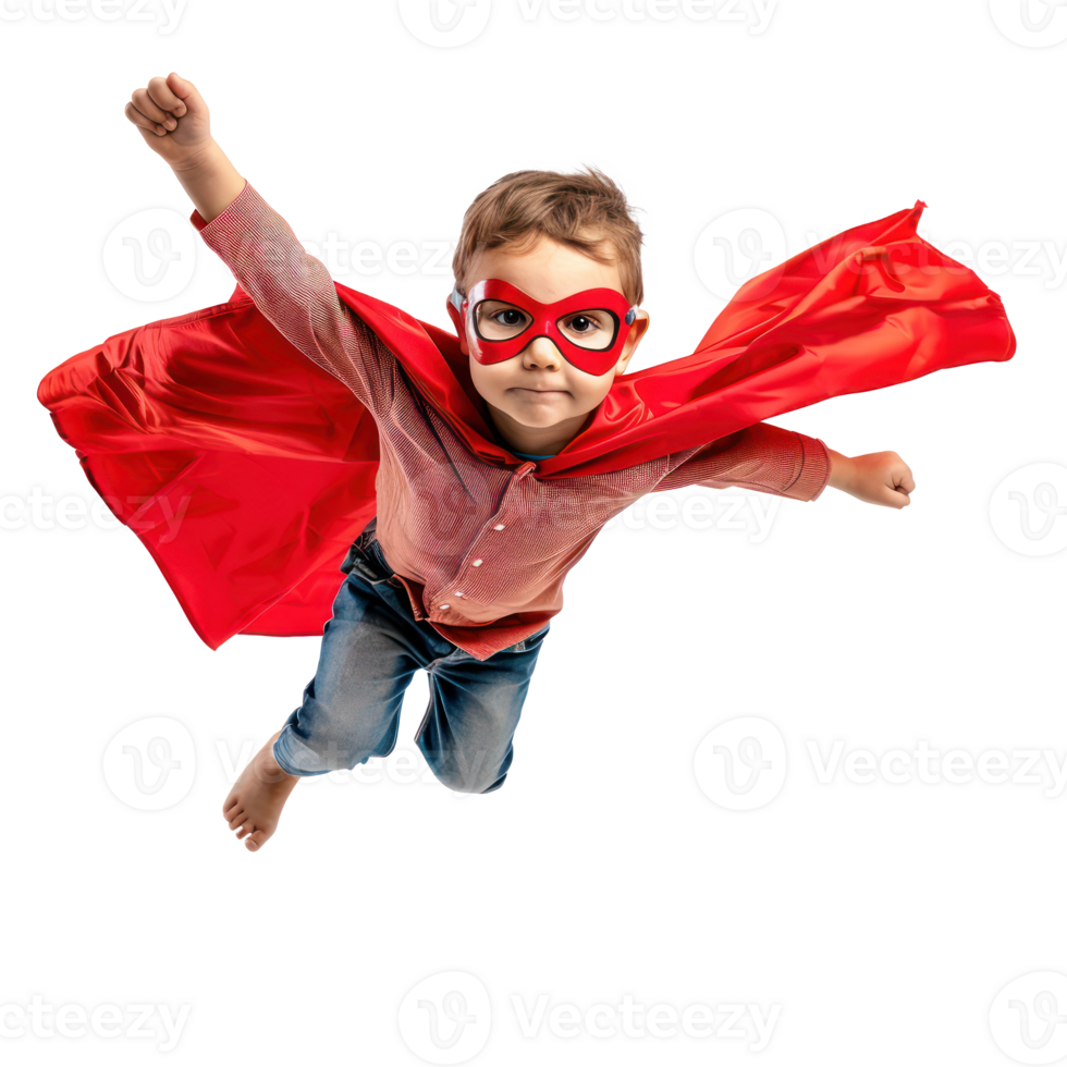 Little boy flying with superhero red cape and mask isolate on transparency background png