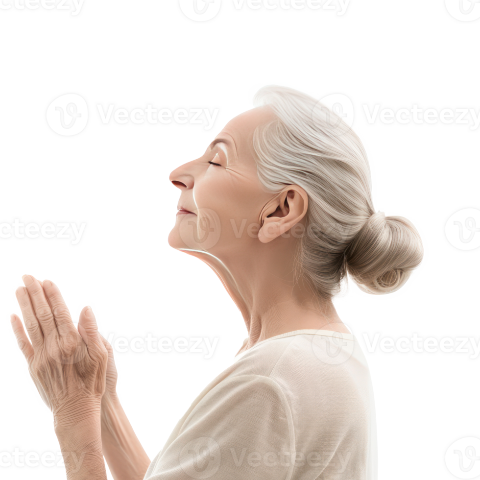 Beautiful senior woman with clean fresh face skin and hand care gesture side view isolate on transparency background png