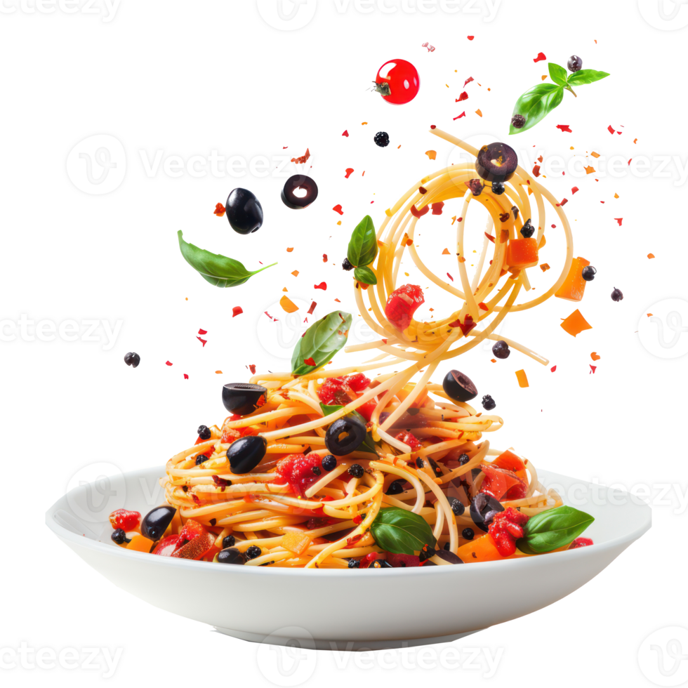 floated Italian Ingredients Spaghetti Puttanesca falling into a plate isolate on transparency background png