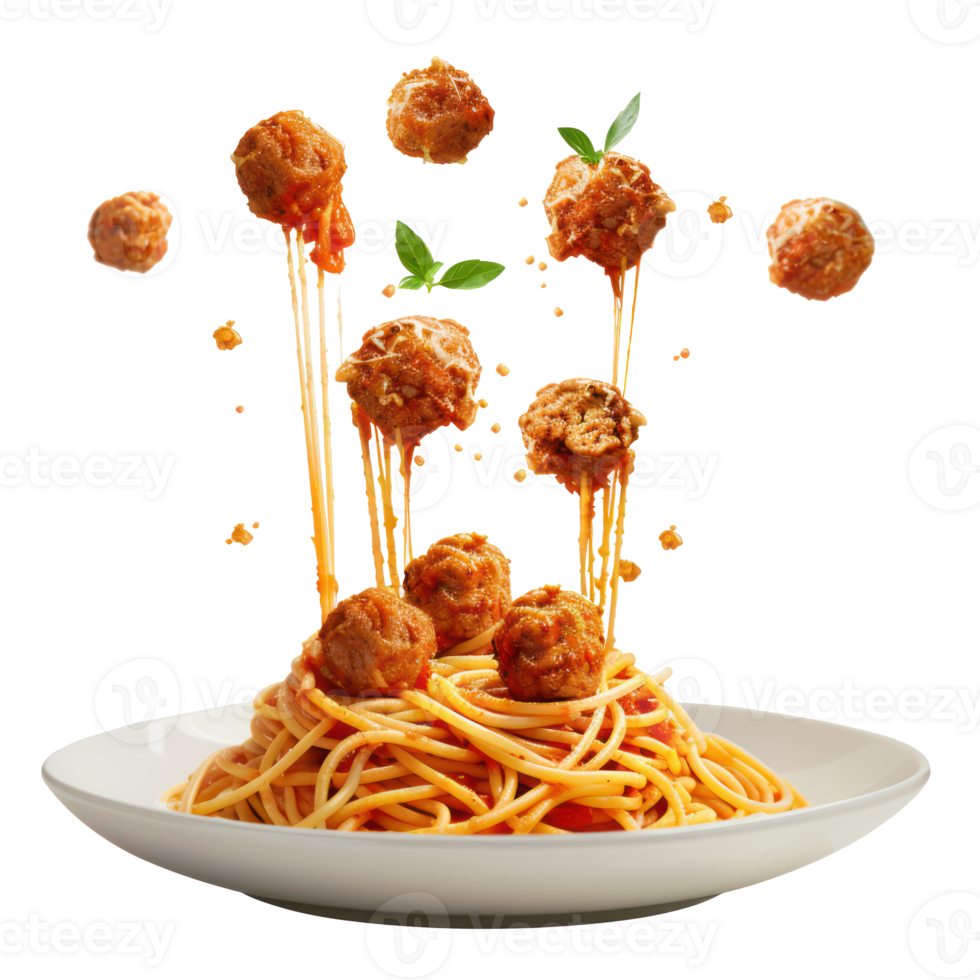 floated Spaghetti pasta with meatballs falling into a plate isolate on transparency background png