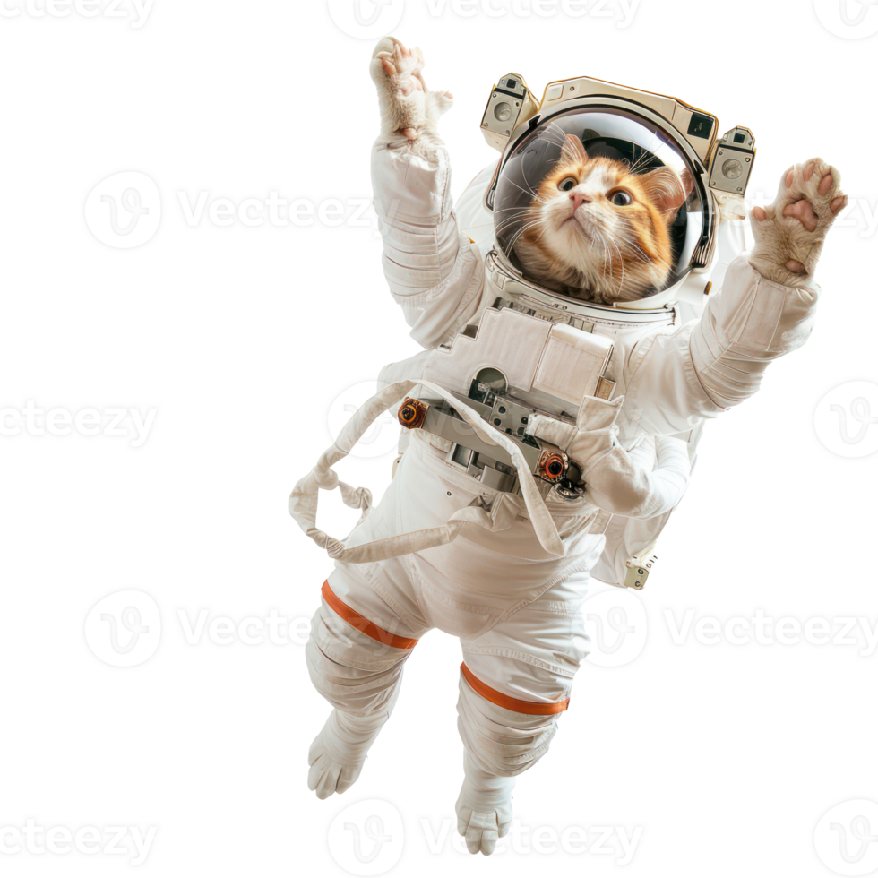cat in astronaut suit floating in the air isolate on transparency background png