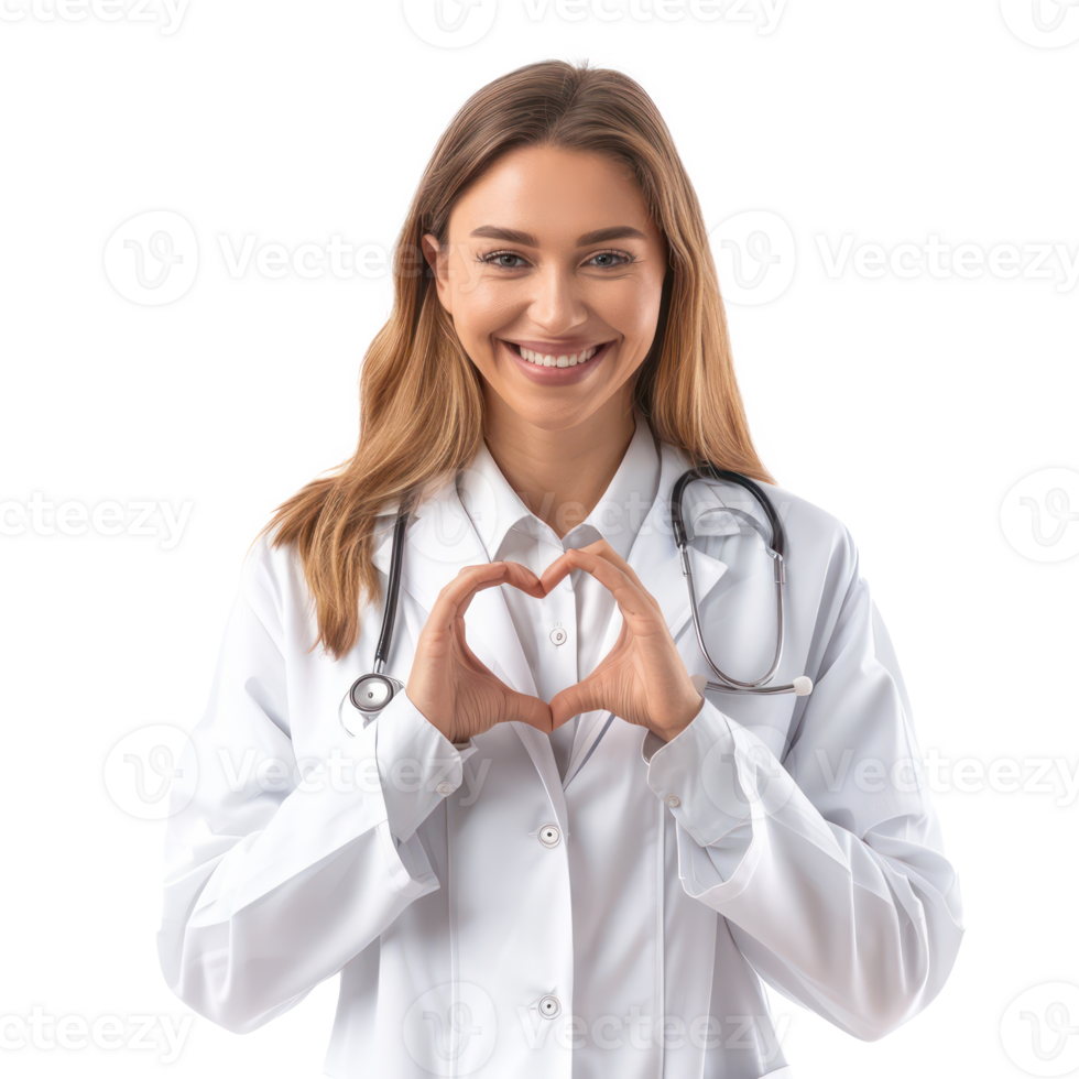 Smiling young female doctor making heart geture with hand, standing isolate on transparency background png