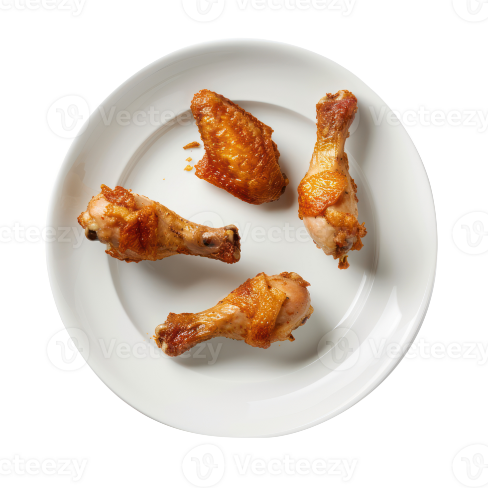 floated Fried chicken legs falling into the white plate isolate on transparency background png