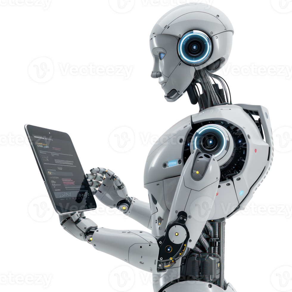 Ai robot using tablet isolate on transparency background png
