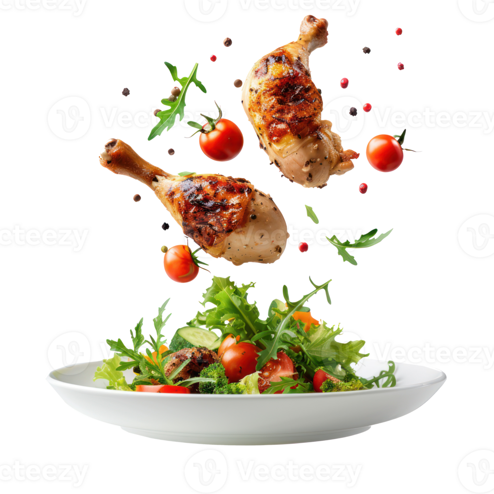 floated Healthy Chicken Dinner falling into a plate isolate on transparency background png