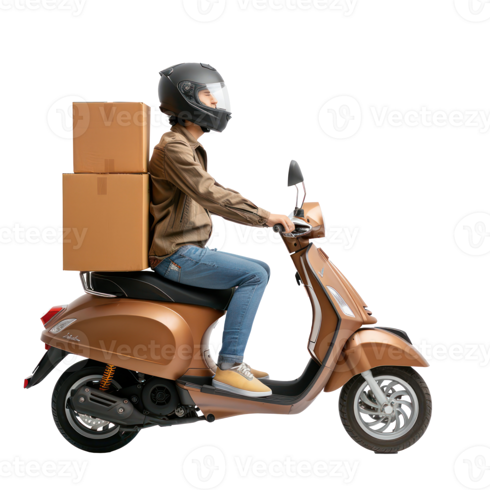 delivery man driving a scooter deliver cardboard box side view full length isolate on transparency background png