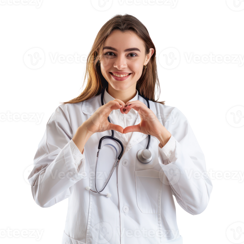Smiling young female doctor making heart geture with hand, standing isolate on transparency background png