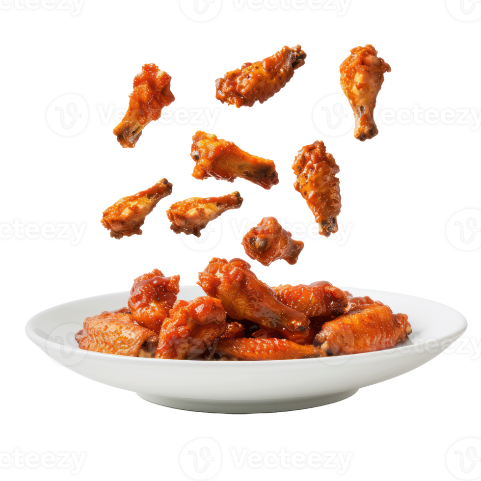 floated Chicken Wings falling into a plate isolate on transparency background png
