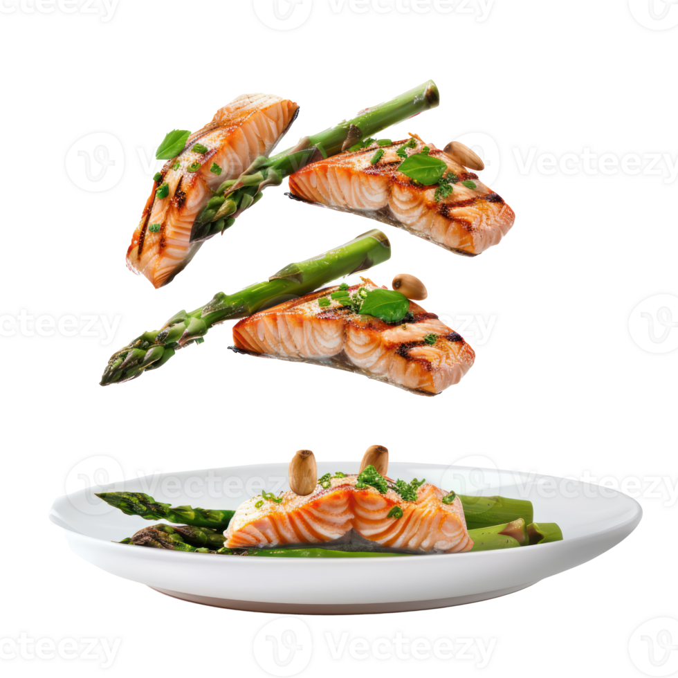 floated grilled salmon and asparagus falling into a plate isolate on transparency background png