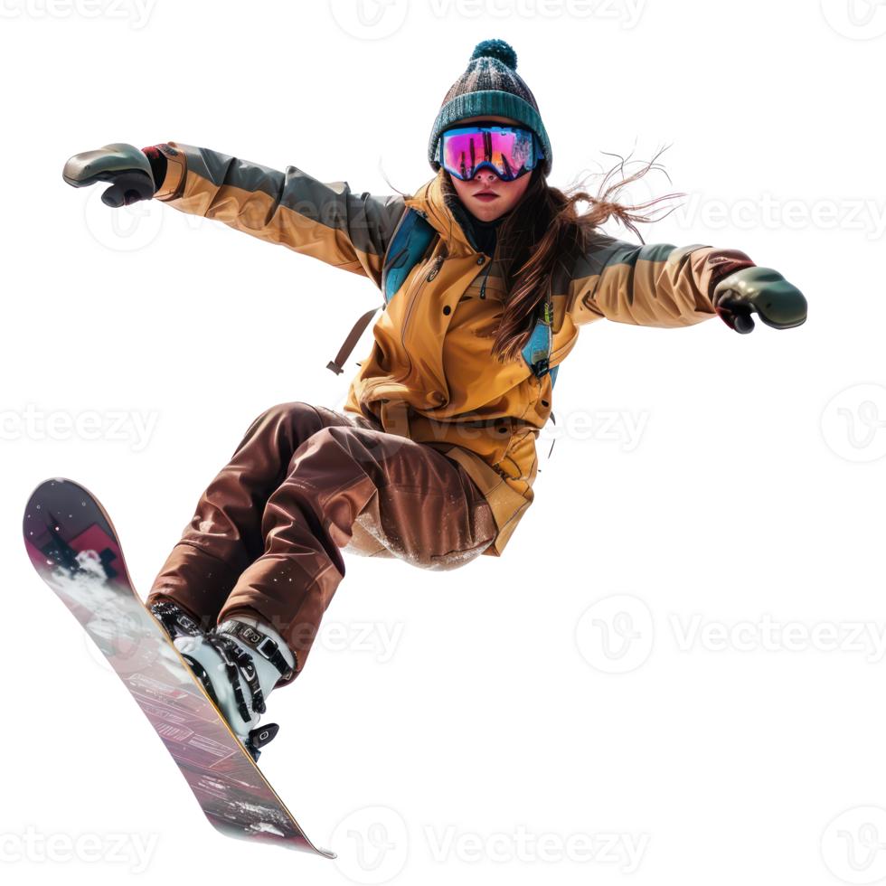 Floating Snowboarding girl isolate on transparency background png