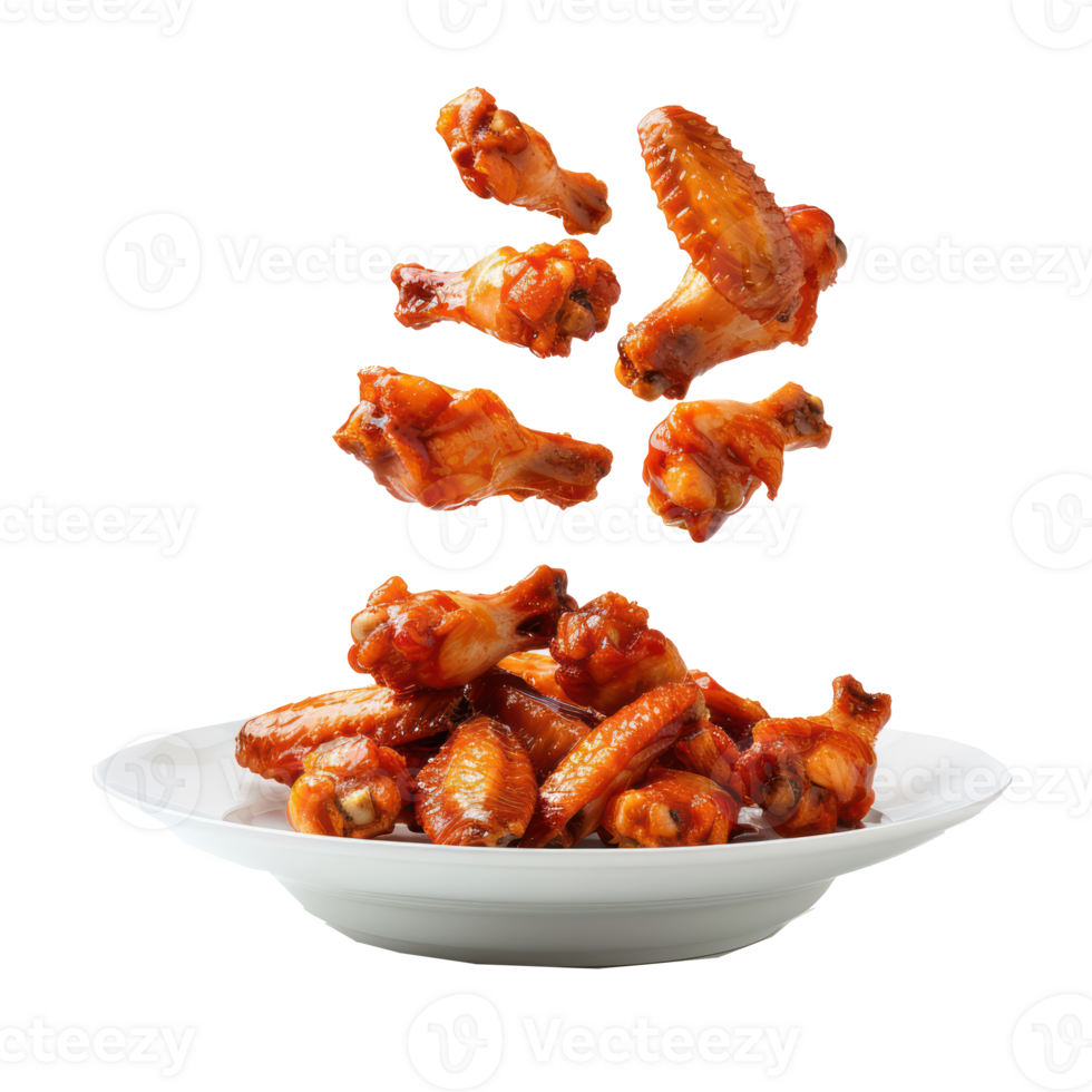 floated Chicken Wings falling into a plate isolate on transparency background png
