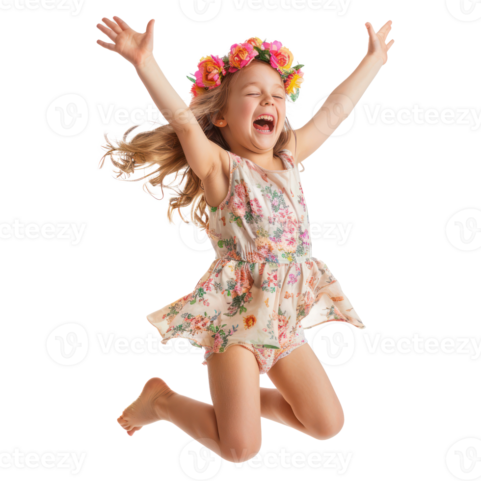 Floated overjoyed little girl jumping and gesturing happiness isolate on transparency background png
