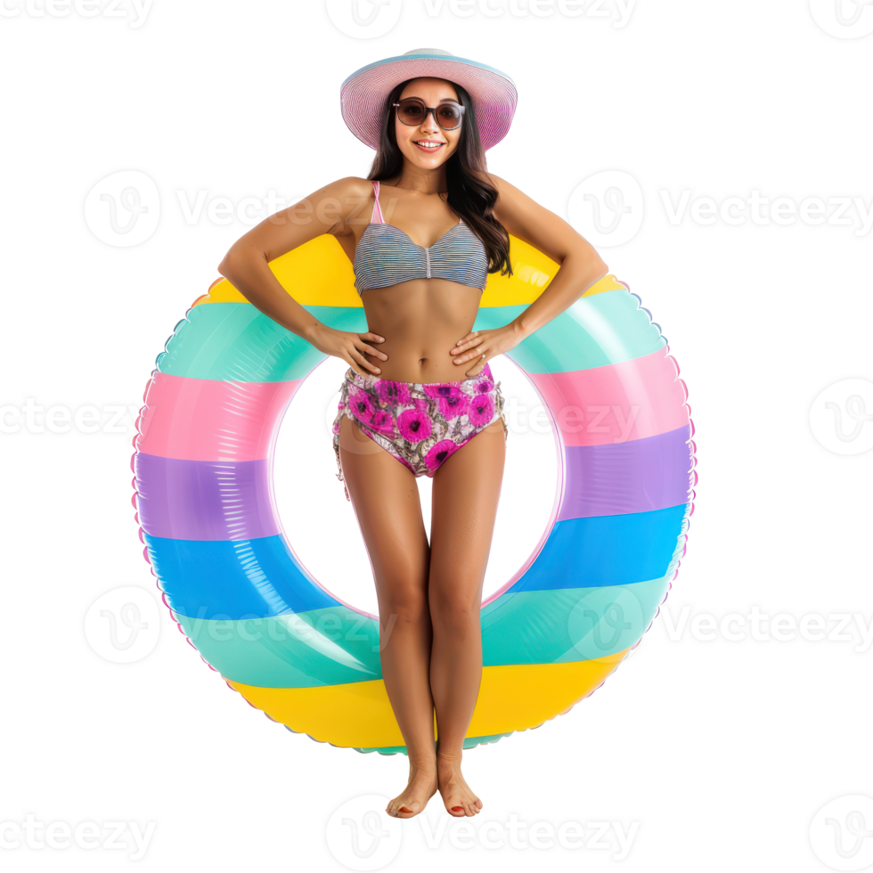 Happy little young woman wearing summer clothes with inflatable swimming circle front view full length isolate on transparency background png