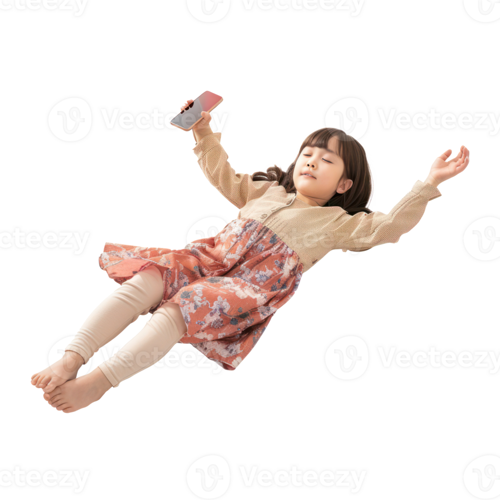full body little girl laying in the air floating while using smart phone isolate on transparency background png