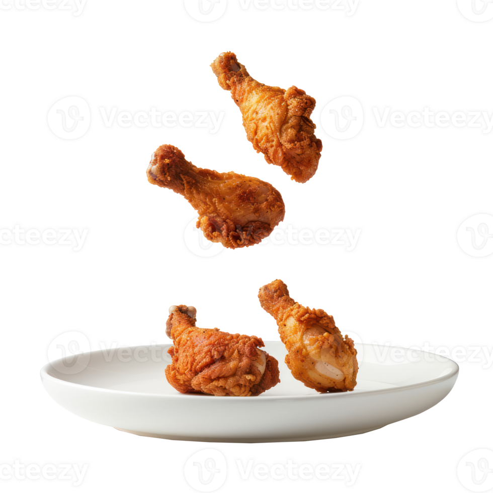 floated Fried chicken legs falling into the white plate isolate on transparency background png