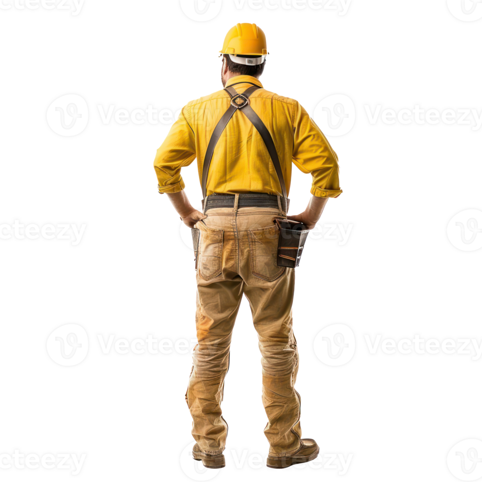 Back view of construction worker looking at something, standing isolate on transparency background png