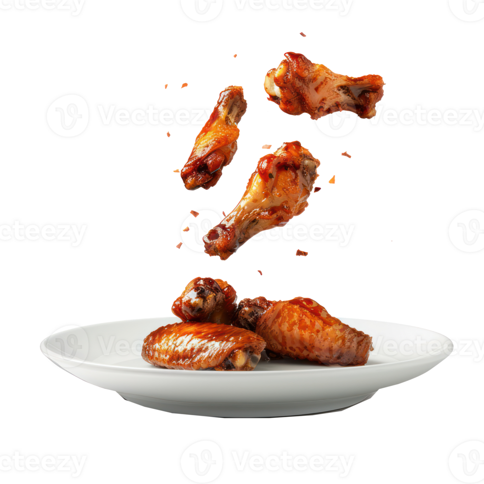 floated Chicken Wings falling into a plate isolate on transparency background png