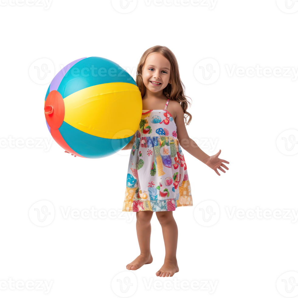 Happy little girl wearing summer clothes with beach ball front view full length isolate on transparency background png