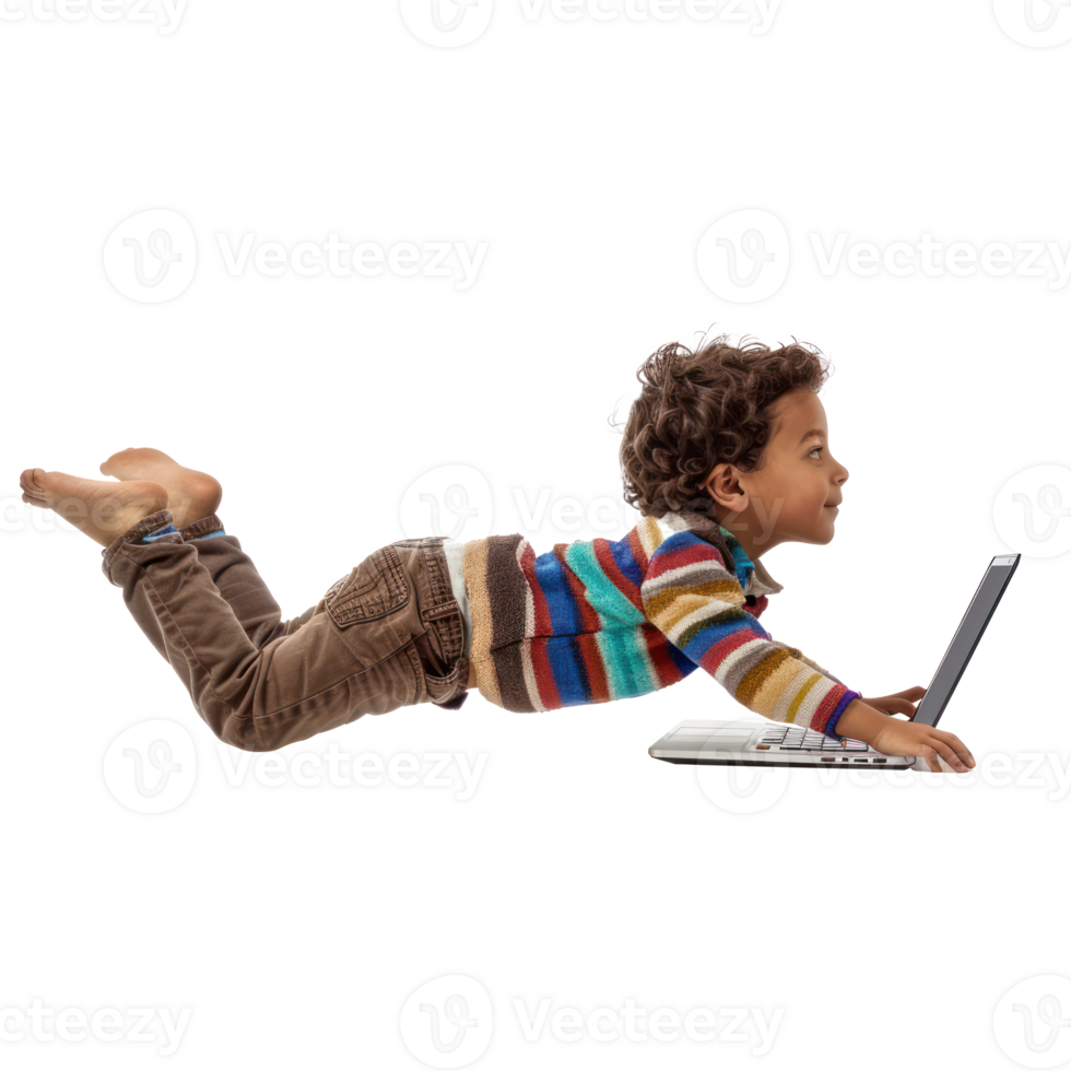 full body little boy laying in the air floating while using laptop isolate on transparency background png