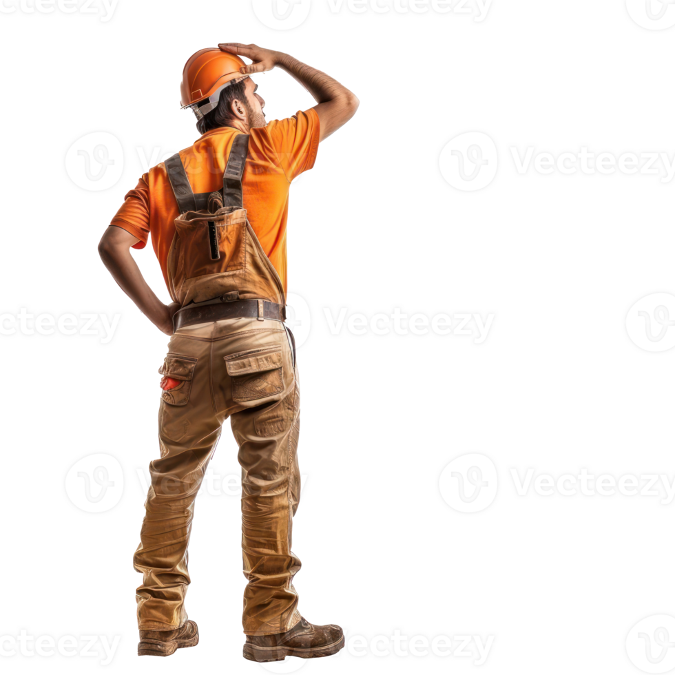 Back view of construction worker looking at something up, standing isolate on transparency background png