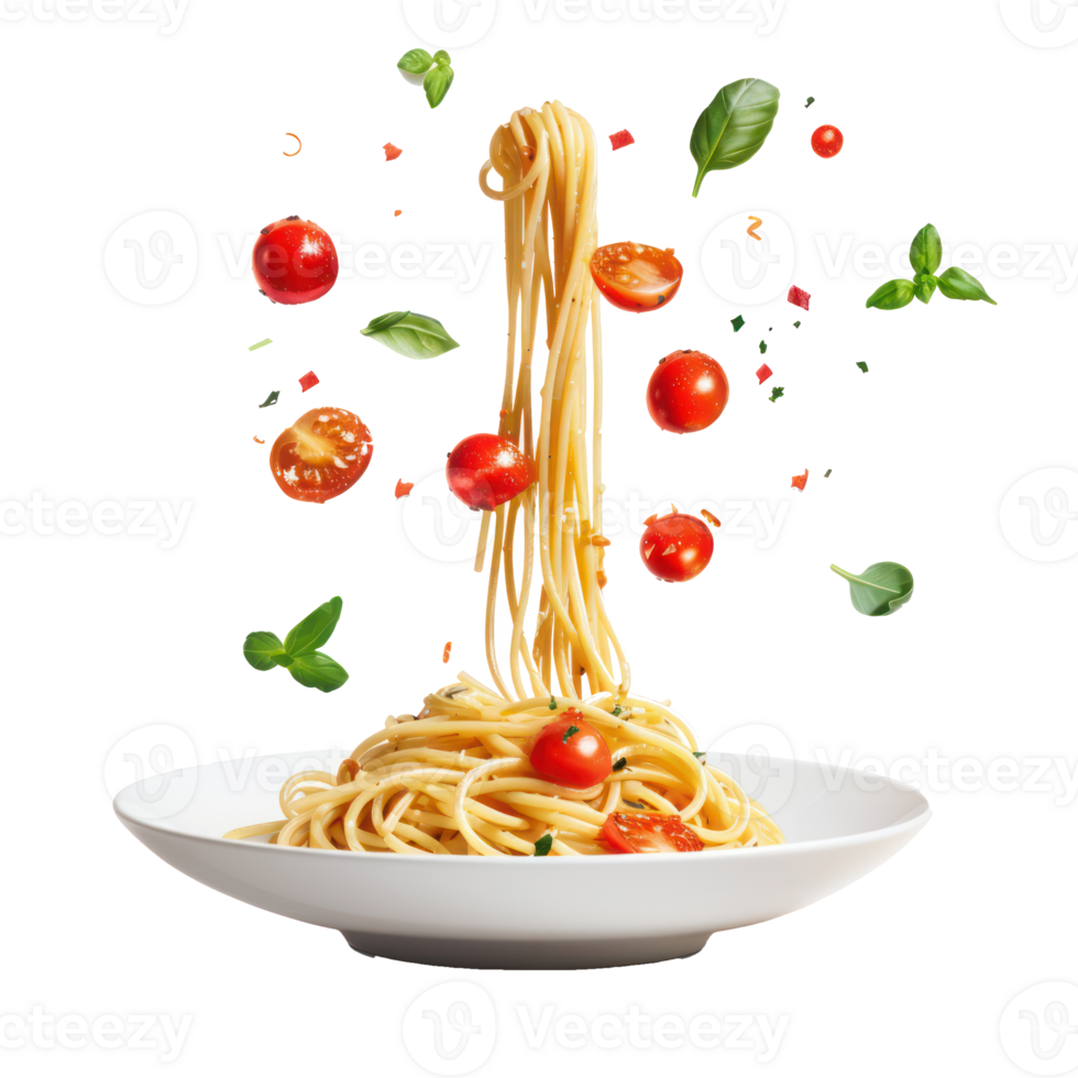 floated Delicious spaghetti with sources falling into a plate isolate on transparency background png