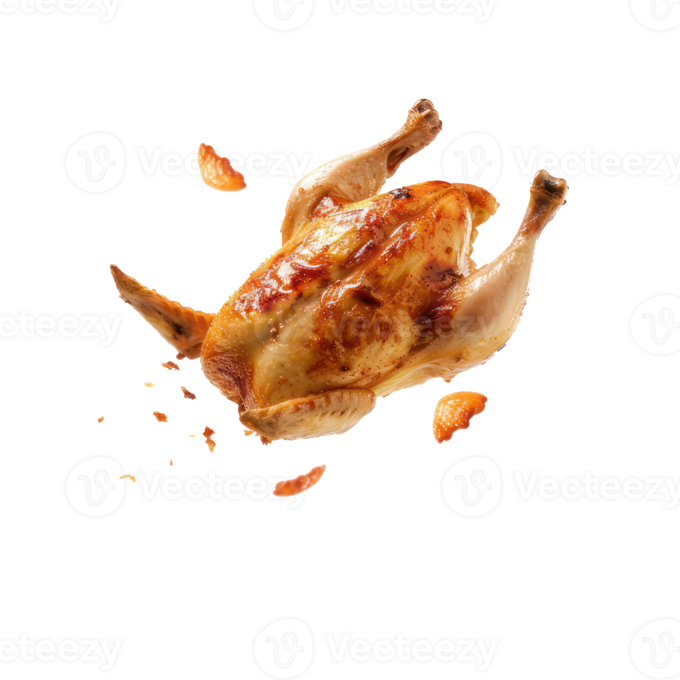 floated roasted chicken falling isolate on transparency background png