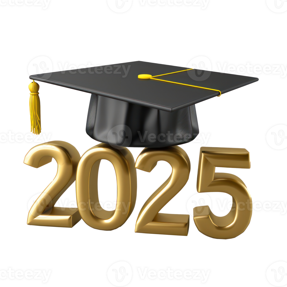 3d text 2025 with graduate cap on the top isolate on transparency background png