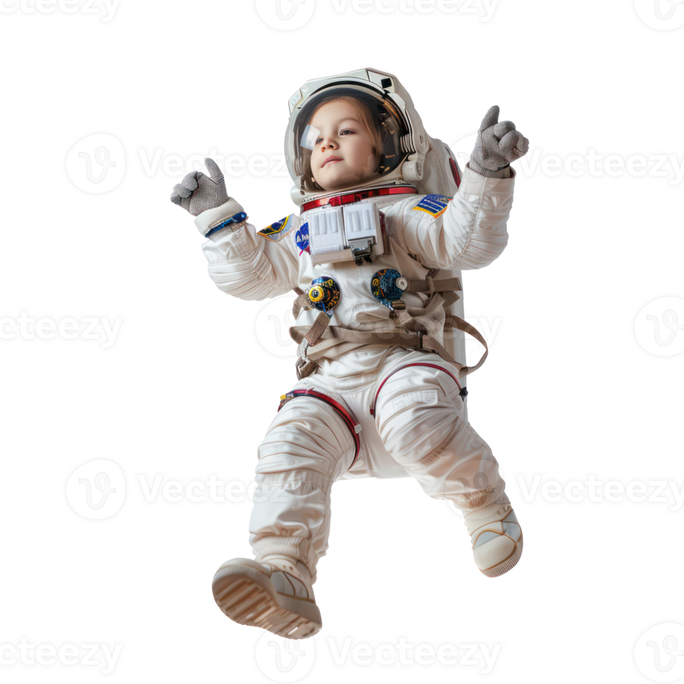little girl in astronaut suit floating in the air isolate on transparency background png