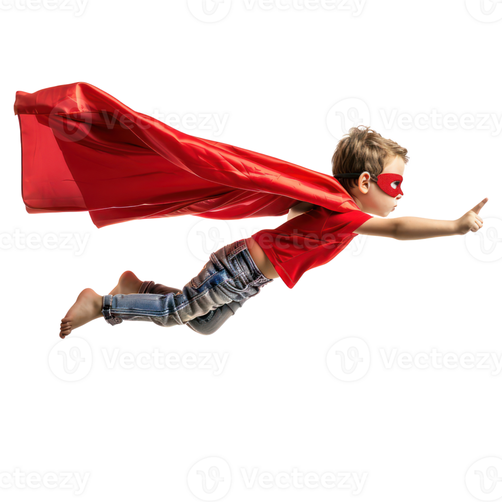Little boy flying with superhero red cape and mask isolate on transparency background png