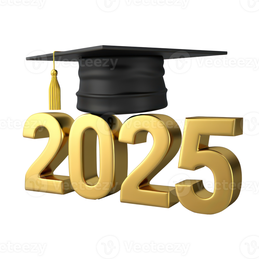 3d text 2025 with graduate cap on the top isolate on transparency background png