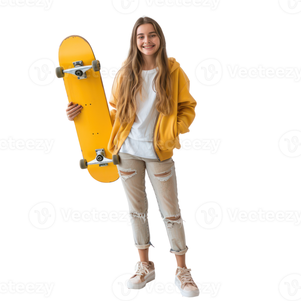 Happy cute girl standing while holding skateboard isolate on transparency background png
