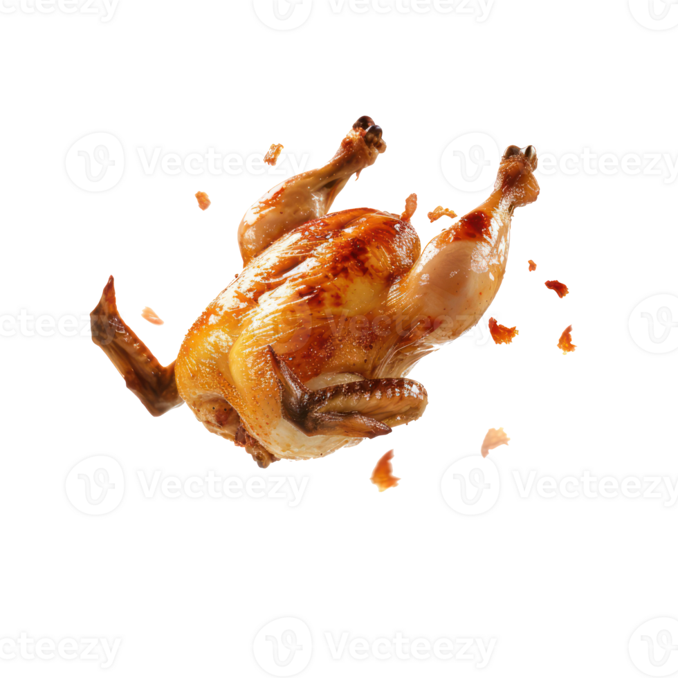 floated roasted chicken falling isolate on transparency background png