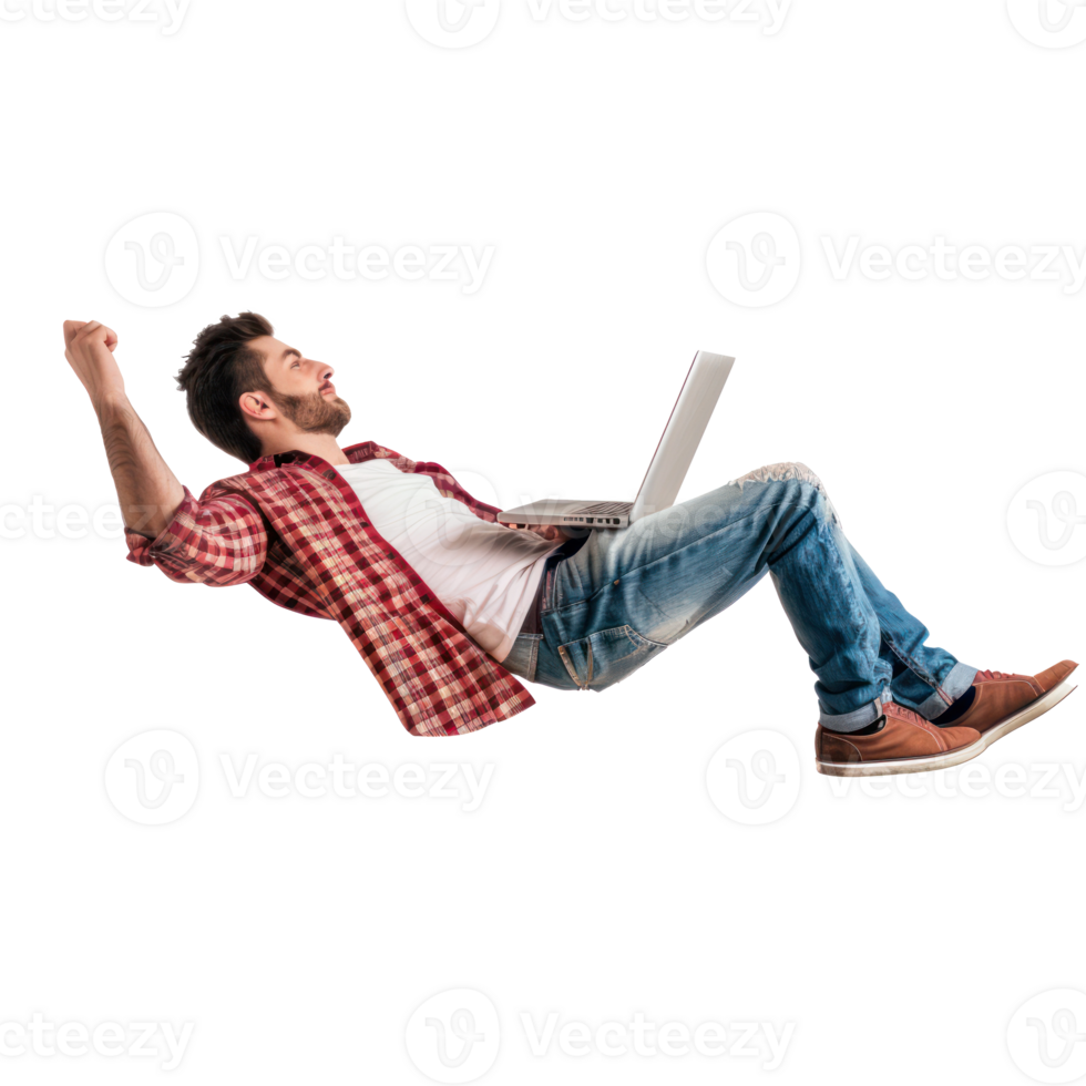 full body young man laying in the air floating while using laptop isolate on transparency background png