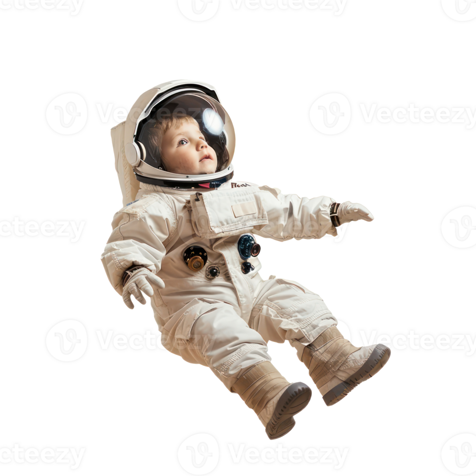 little boy in astronaut suit floating in the air isolate on transparency background png