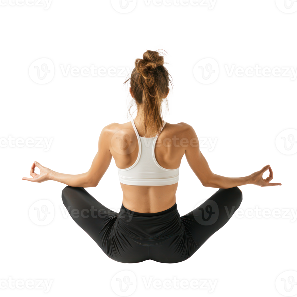 floated back view of young woman doing yoga in the air, isolate on transparency background png