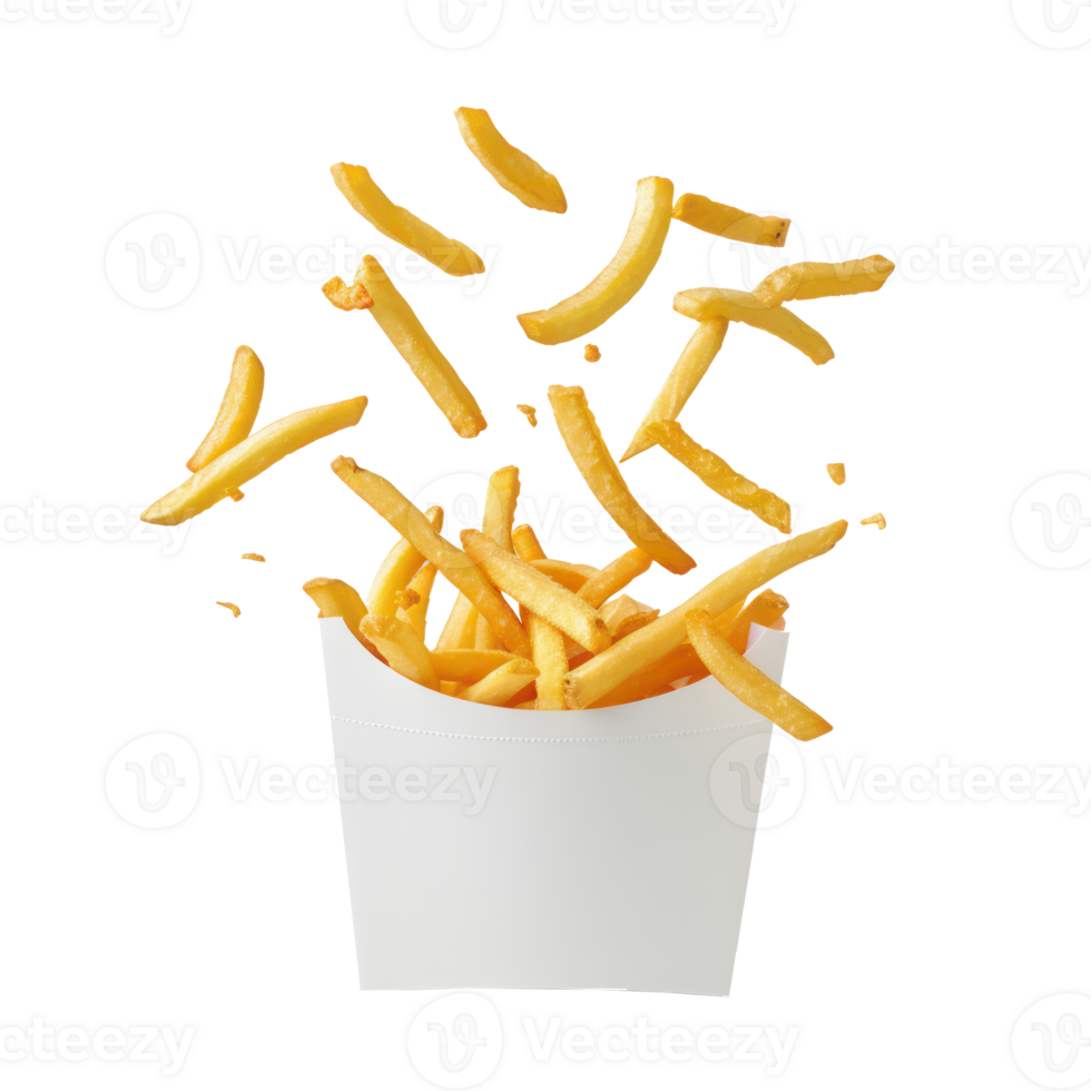 floated French fries falling into white paper box isolate on transparency background png